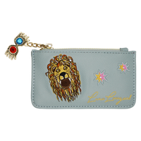 A light blue faux leather zippered pouch featuring a large embroidered lion face, two star motifs, gold cursive 'Luna Lovegood' script, and a dangling Spectrespecs charm with red and blue stones on a gold chain.