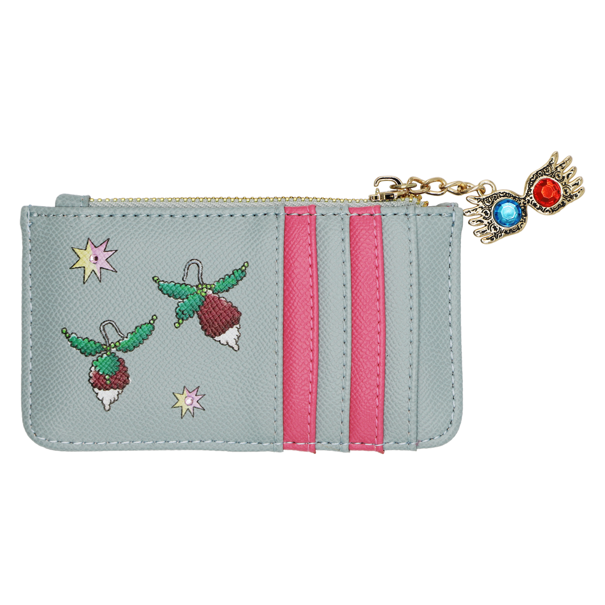 A light blue faux leather zippered pouch featuring embroidered radish earrings, pink  stripes, and a gold-tone Spectrespecs charm with blue and red crystals in the lenses.