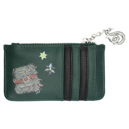 A dark green leather textured card holder wallet with a silver zipper, featuring two vertical black stripes, embroidered star details, and a silver snake charm.