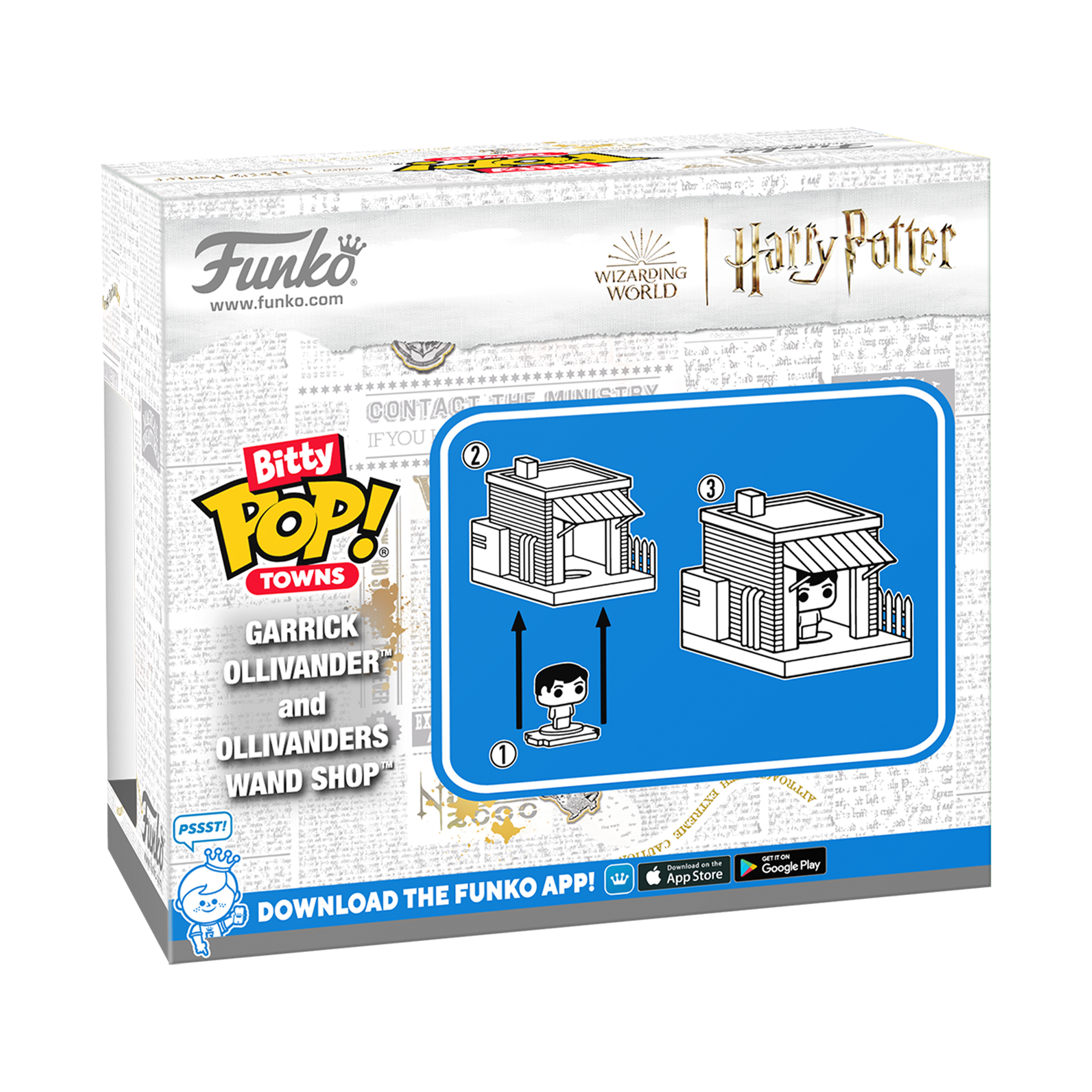 Funko Pop! Bitty Towns packaging for Garrick Ollivander and Ollivanders Wand Shop with Funko branding.
