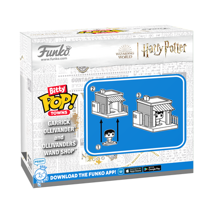 Funko Pop! Bitty Towns packaging for Garrick Ollivander and Ollivanders Wand Shop with Funko branding.