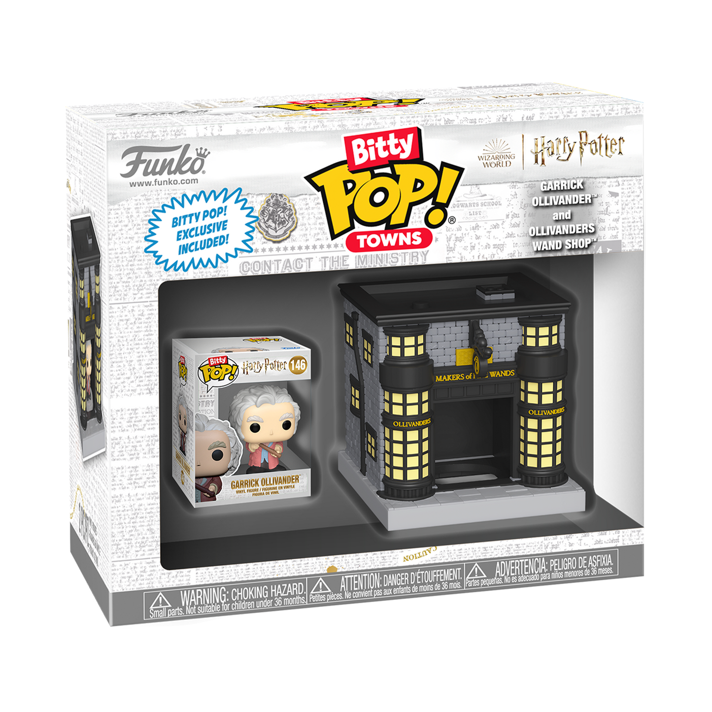 Funko Pop! Bitty Pop! packaging with a figurine and store model, featuring Ollivanders theme.