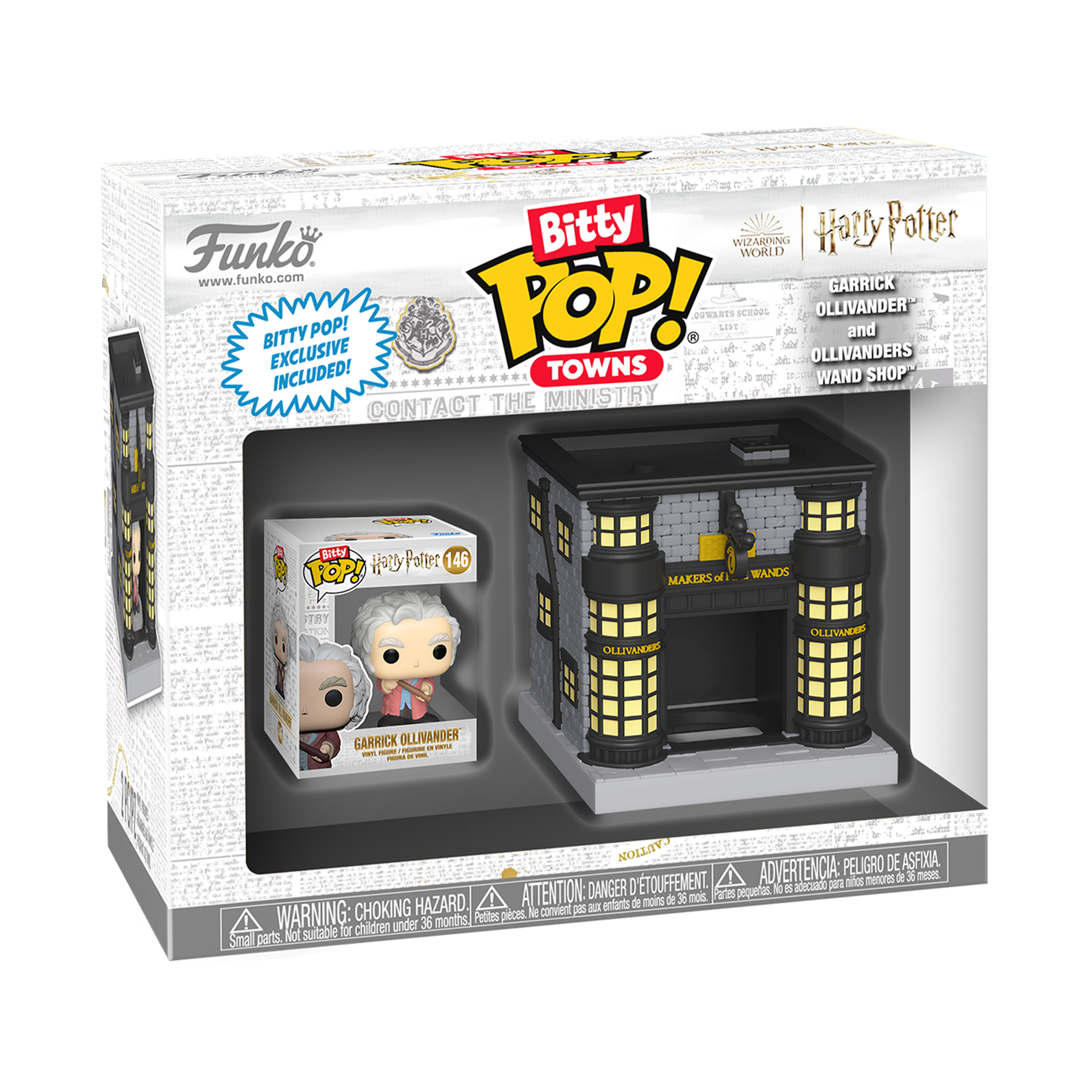 Funko Pop! Bitty Pop! packaging with a figurine and store model, featuring Ollivanders theme.
