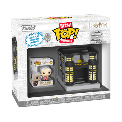 Funko Pop! Bitty Pop! packaging with a figurine and store model, featuring Ollivanders theme.