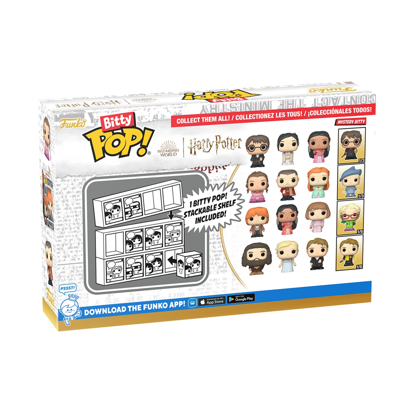 Funko Bitty Pop! Harry Potter toy set packaging with figures and display stand on a white background