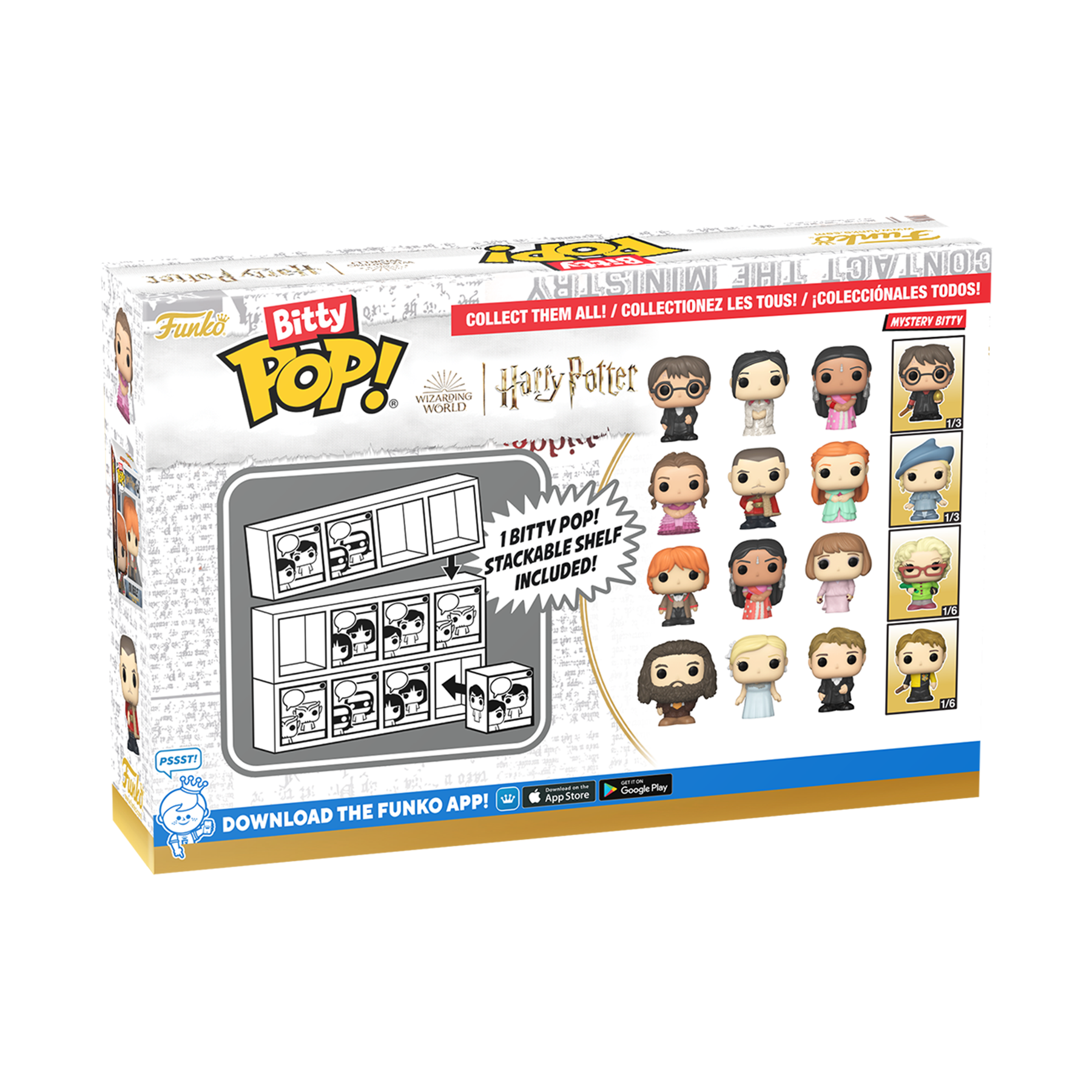 Funko Bitty Pop! Harry Potter toy set packaging with figures and display stand on a white background