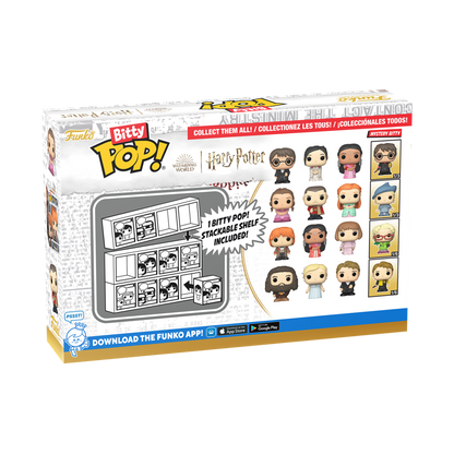 Funko Bitty Pop! Harry Potter toy set packaging with figures and display stand on a white background