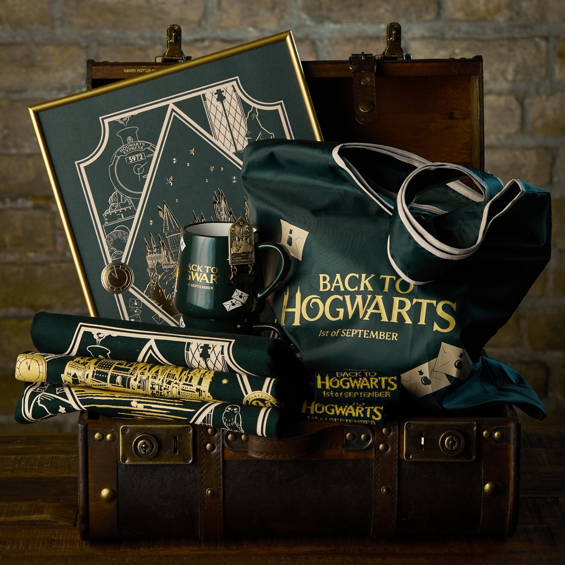 Collection of 'Back to Hogwarts' themed items including a mug, tote bag, and print on a wooden surface.