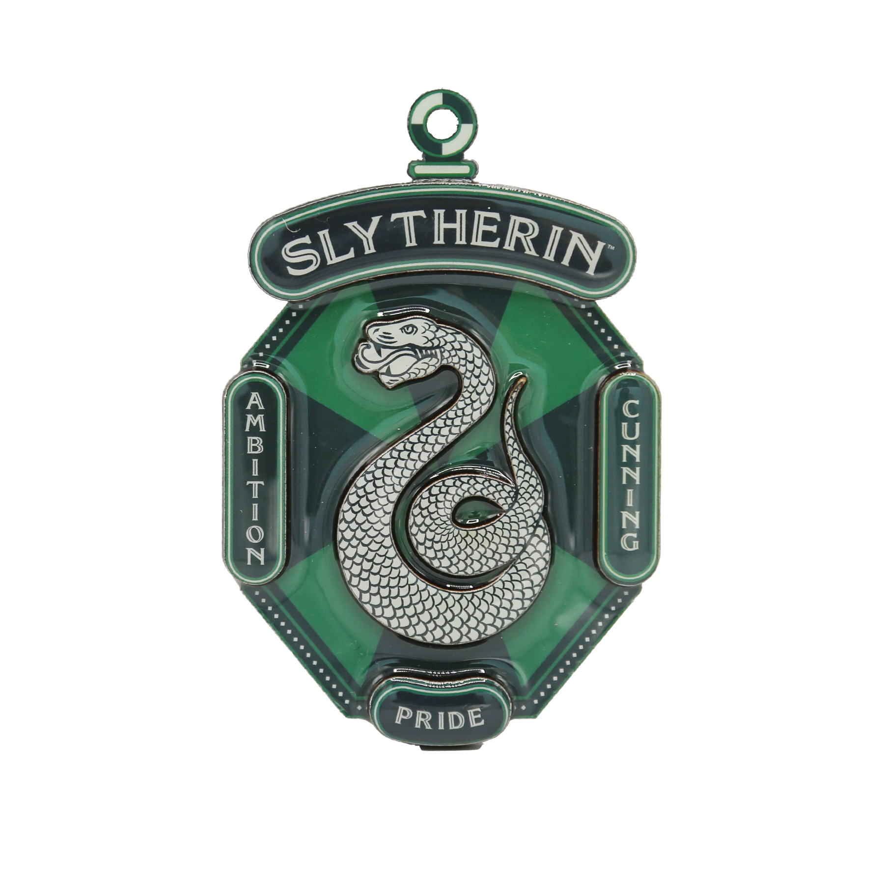 Slytherin magnet with snake emblem and text on a white background