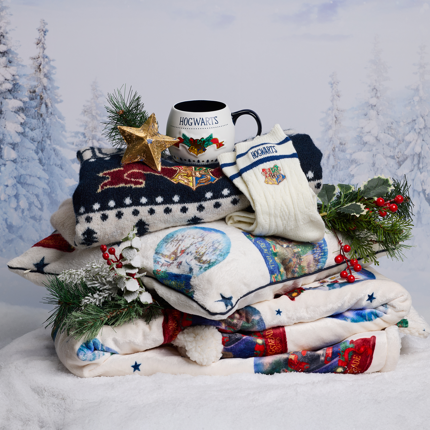 Hogwarts in the Snow Cushion Cover, Hogwarts in the Snow Throw Blanket, Hogwarts in the Snow Mug & Socks Gift Set