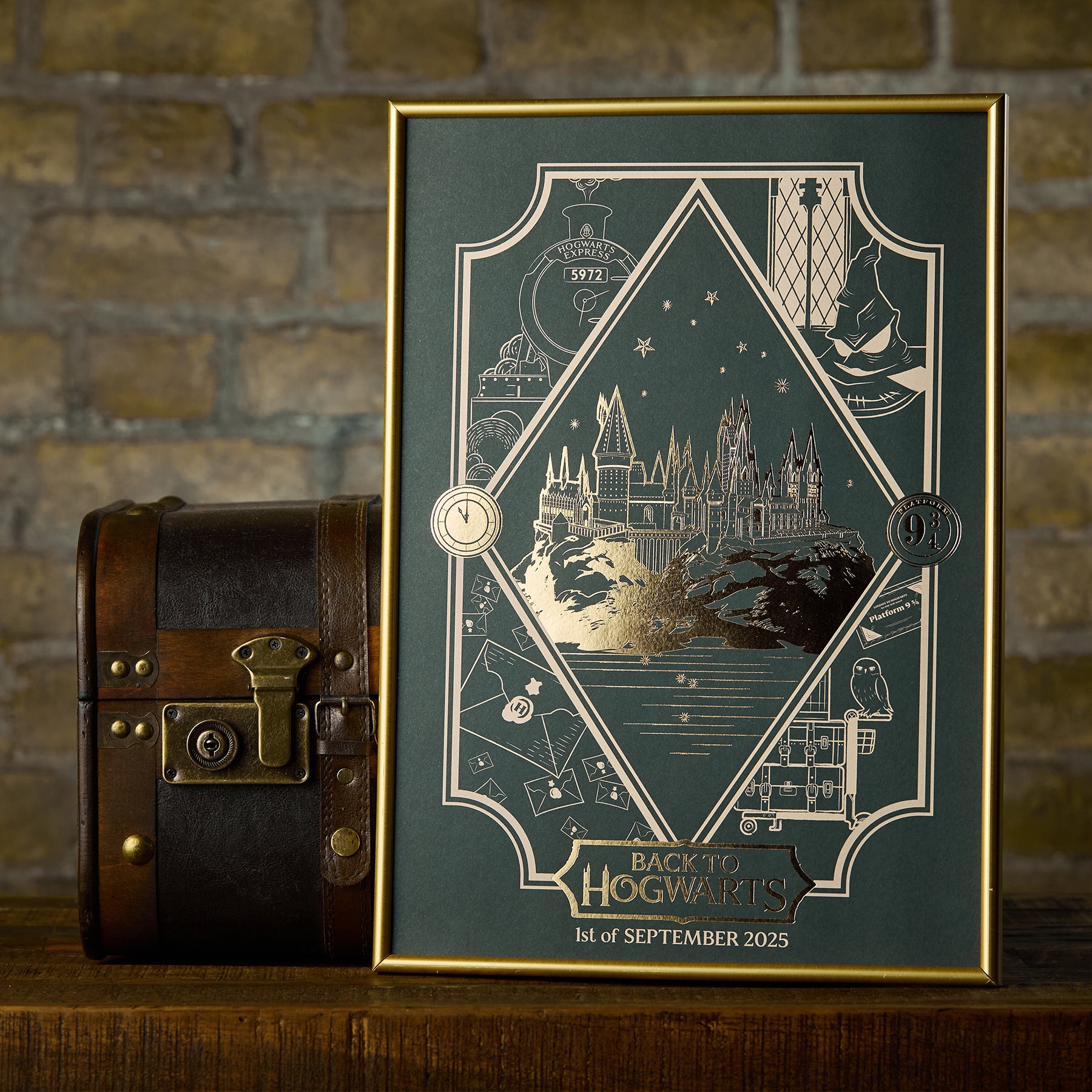 Decorative poster with 'Back to Hogwarts' design next to a wooden chest against a brick wall.