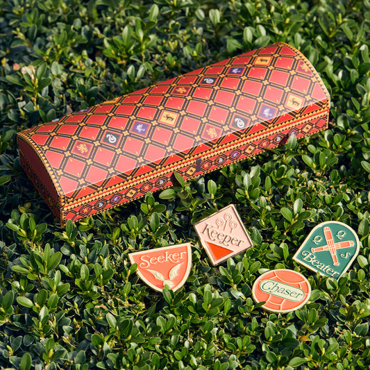 Decorative red and gold Quidditch box with four themed pins on a green leafy background