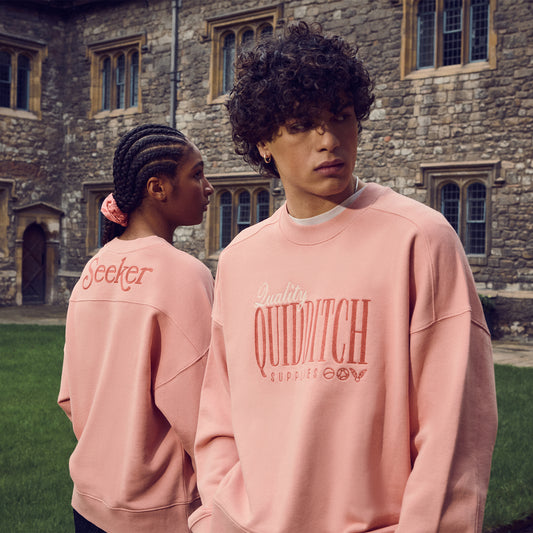 Two people wearing pink 'Quidditch' sweatshirts in front of a stone building.