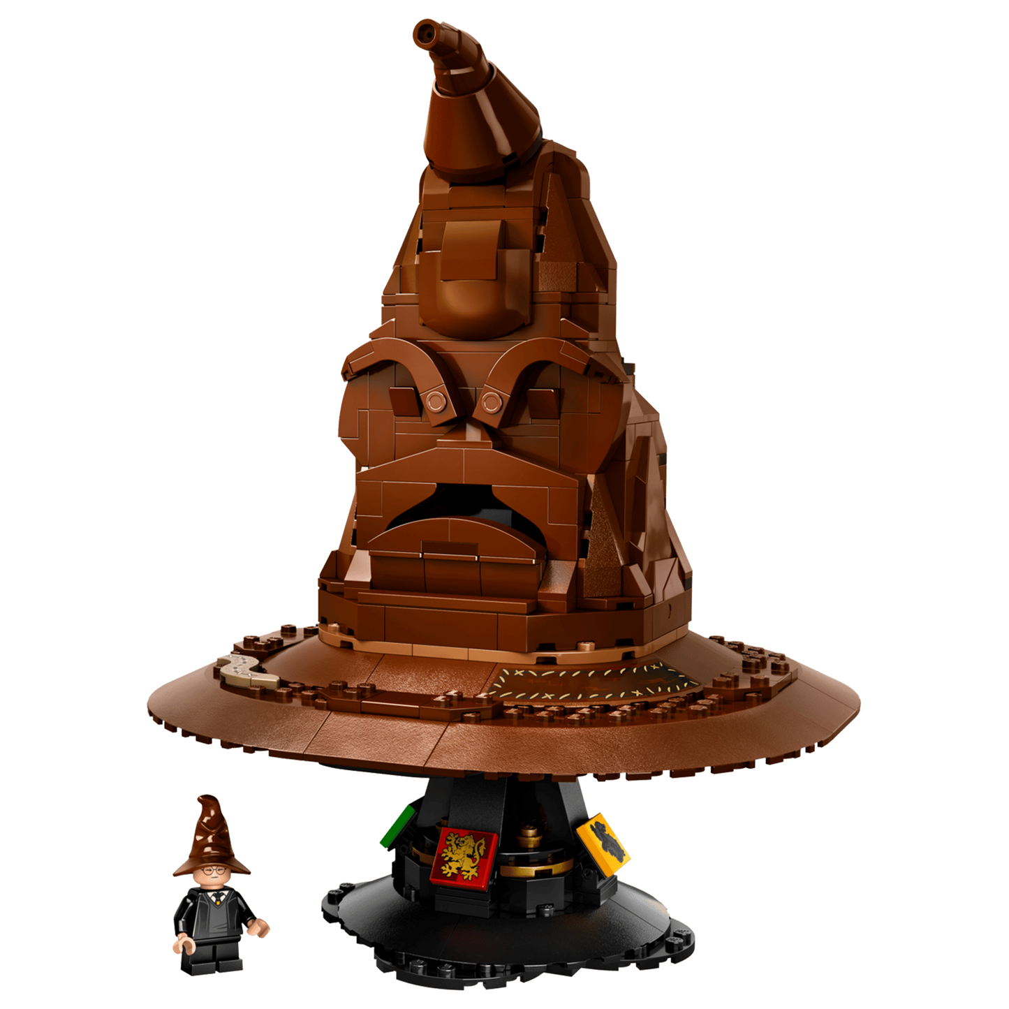 Lego Harry Potter Sorting Hat with a small figure on a white background