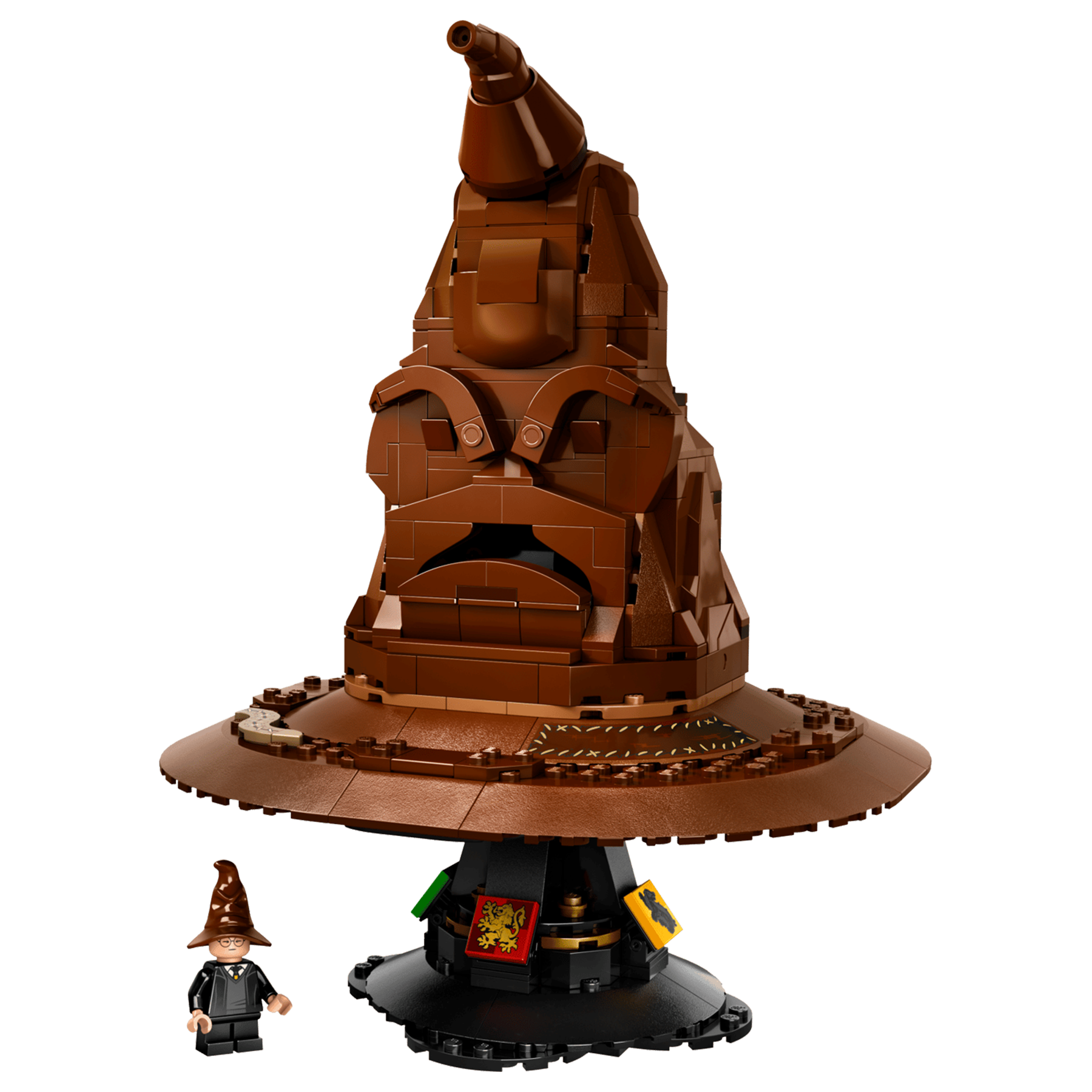 Lego Harry Potter Sorting Hat with a small figure on a white background