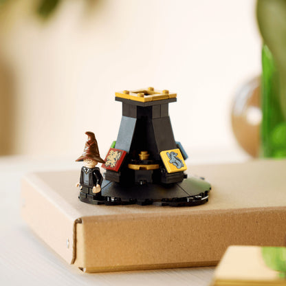 Close up of the Talking Sorting Hat base with a LEGO Harry Potter