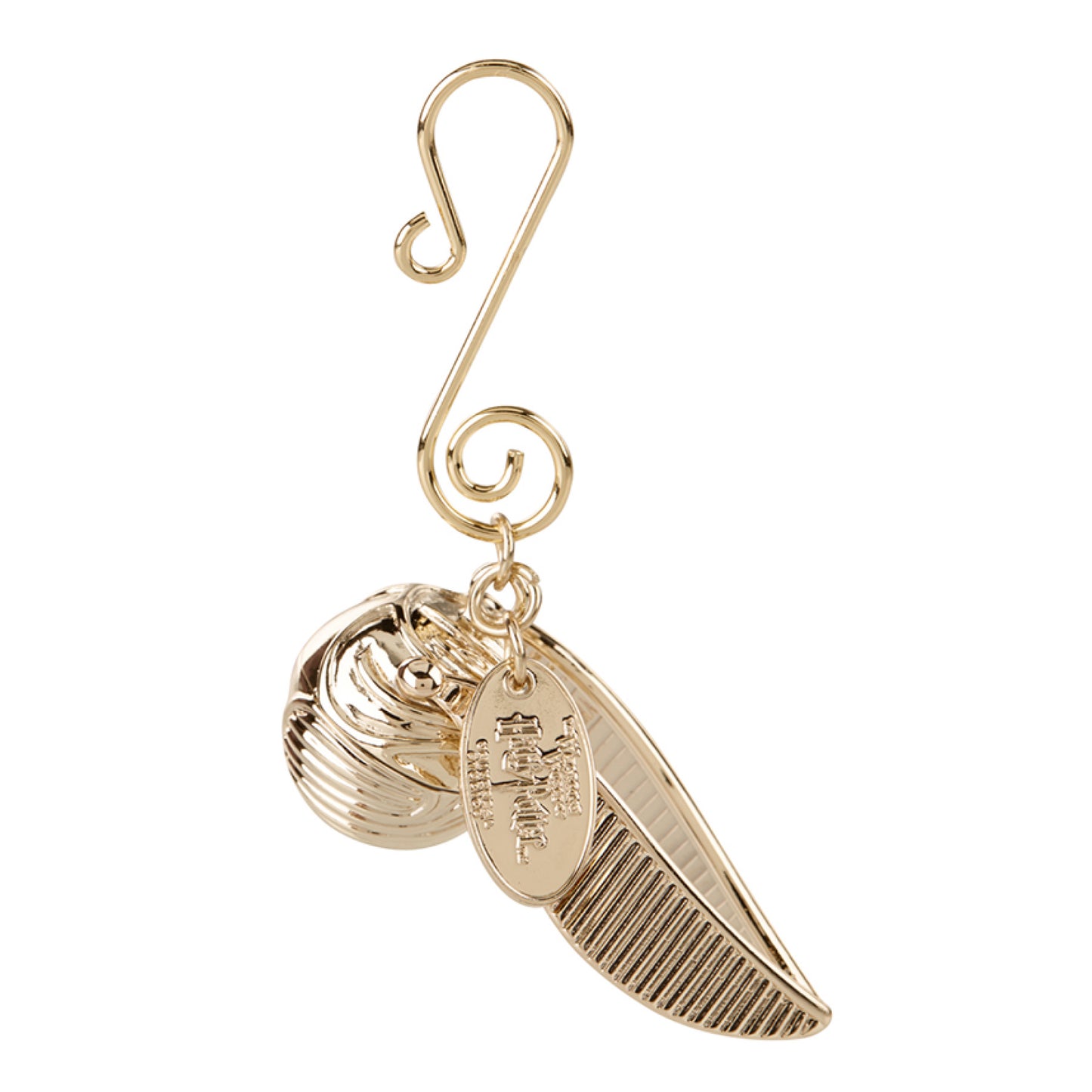 Golden Snitch holiday ornament on a curled hook with Harry Potter charm tag