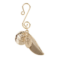 Golden Snitch holiday ornament on a curled hook with Harry Potter charm tag